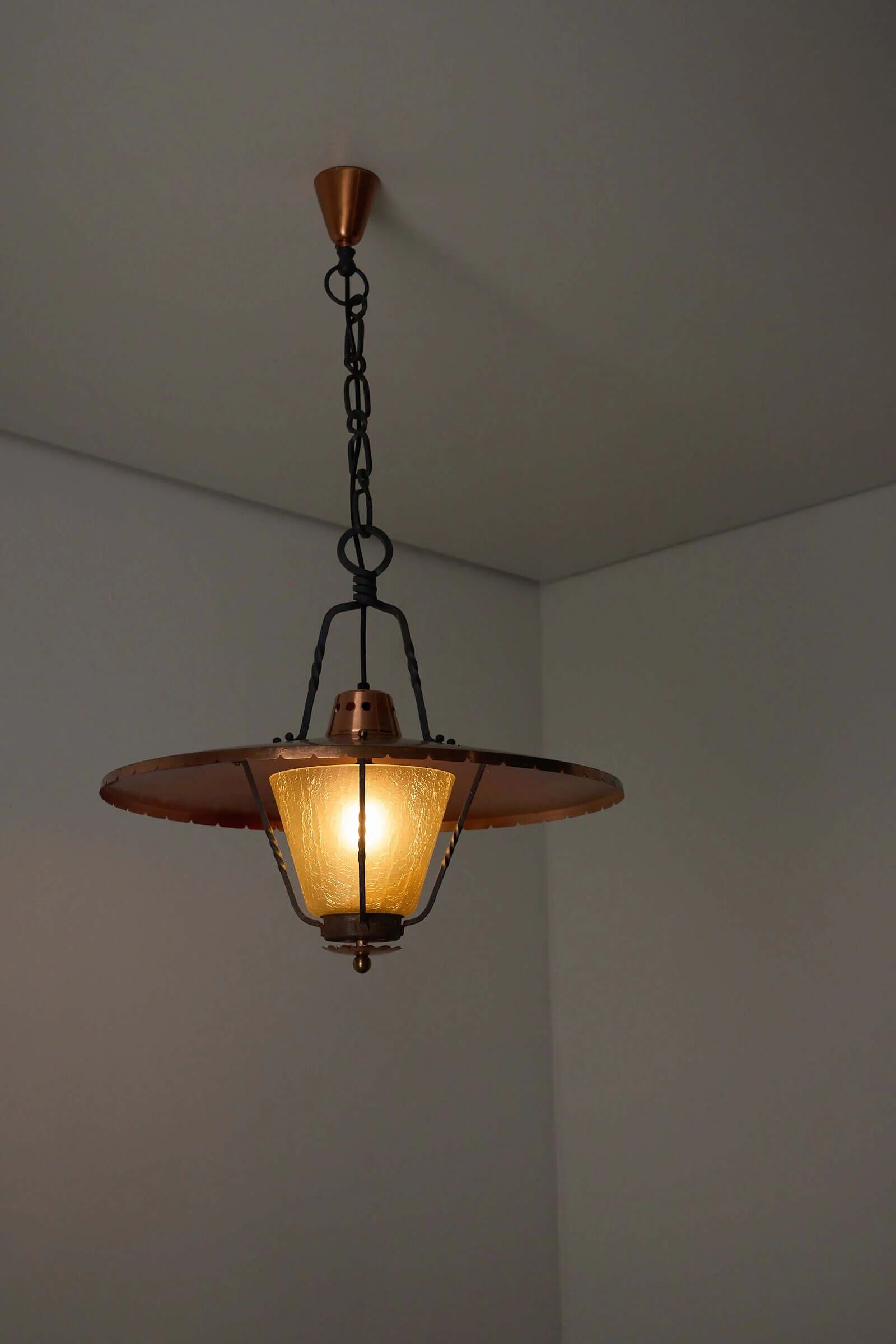 Wrought iron and copper pendant lamp with textured glass diffuser