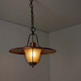 Wrought iron and copper pendant lamp with textured glass diffuser