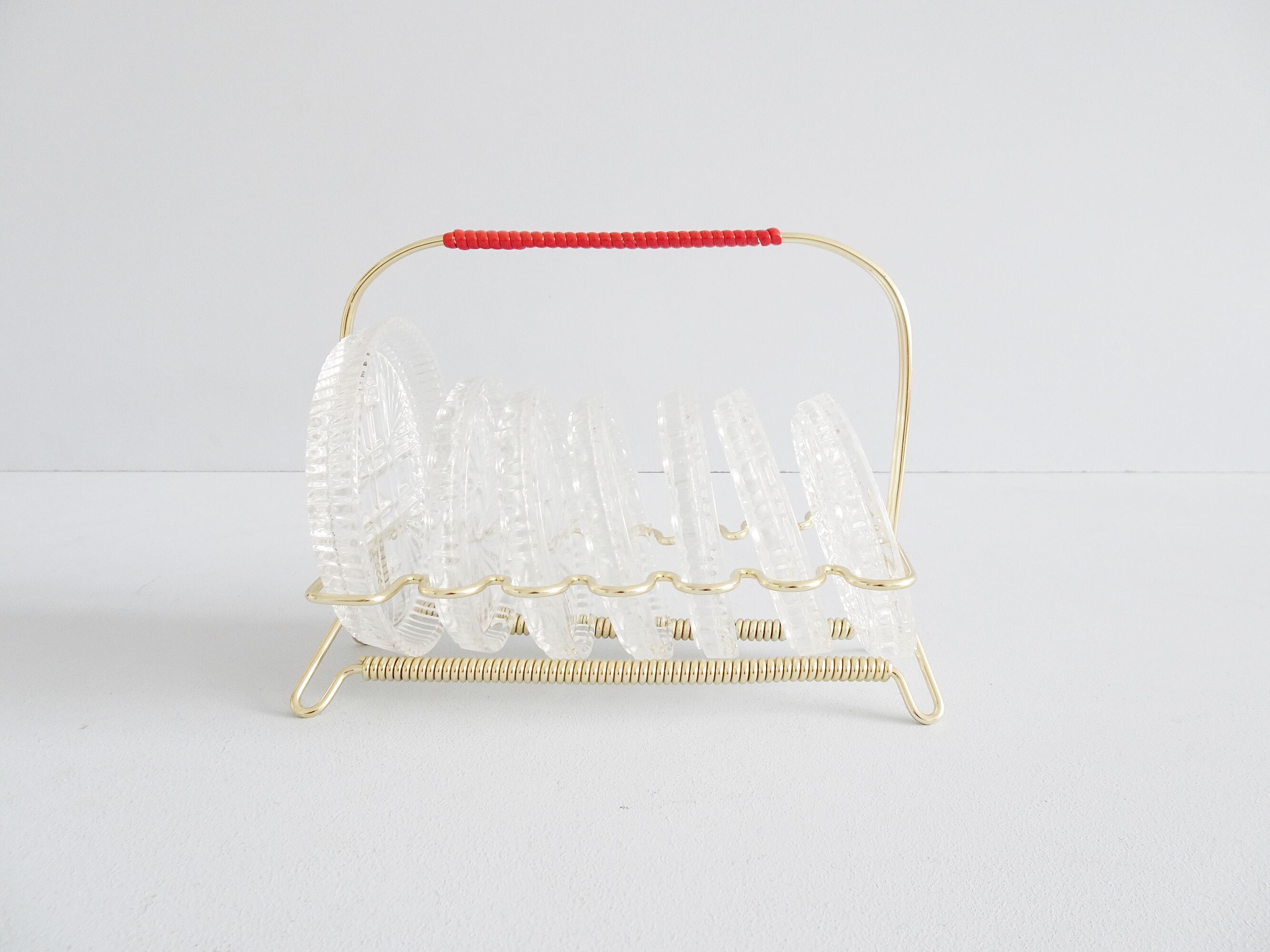 Glass coasters in stand, eight piece bar set, mid century bar accessories