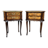 Pair of Rococo-style bedside tables with precious wood marquetry.