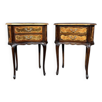 Pair of Rococo-style bedside tables with precious wood marquetry.