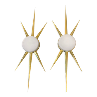 Pair of sconces in brass and frosted Murano glass, 70s