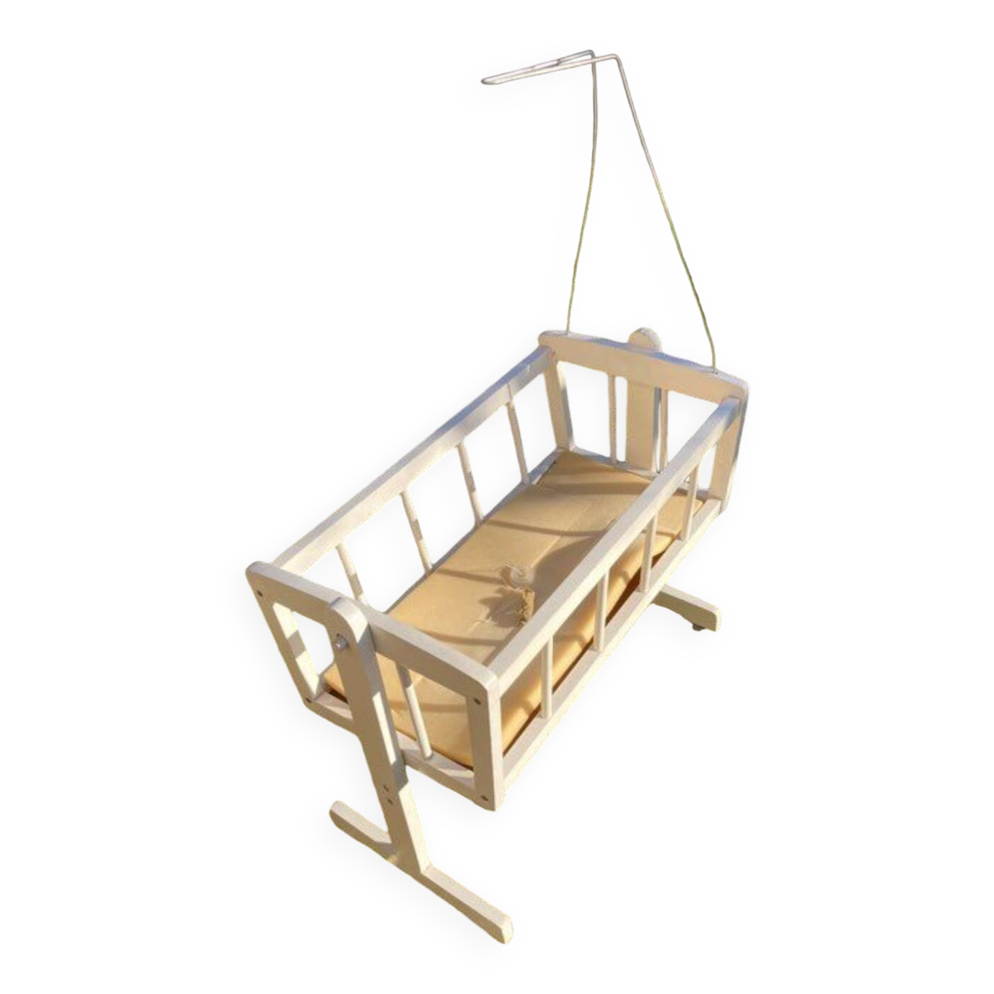 Complete wooden doll cradle on wheels