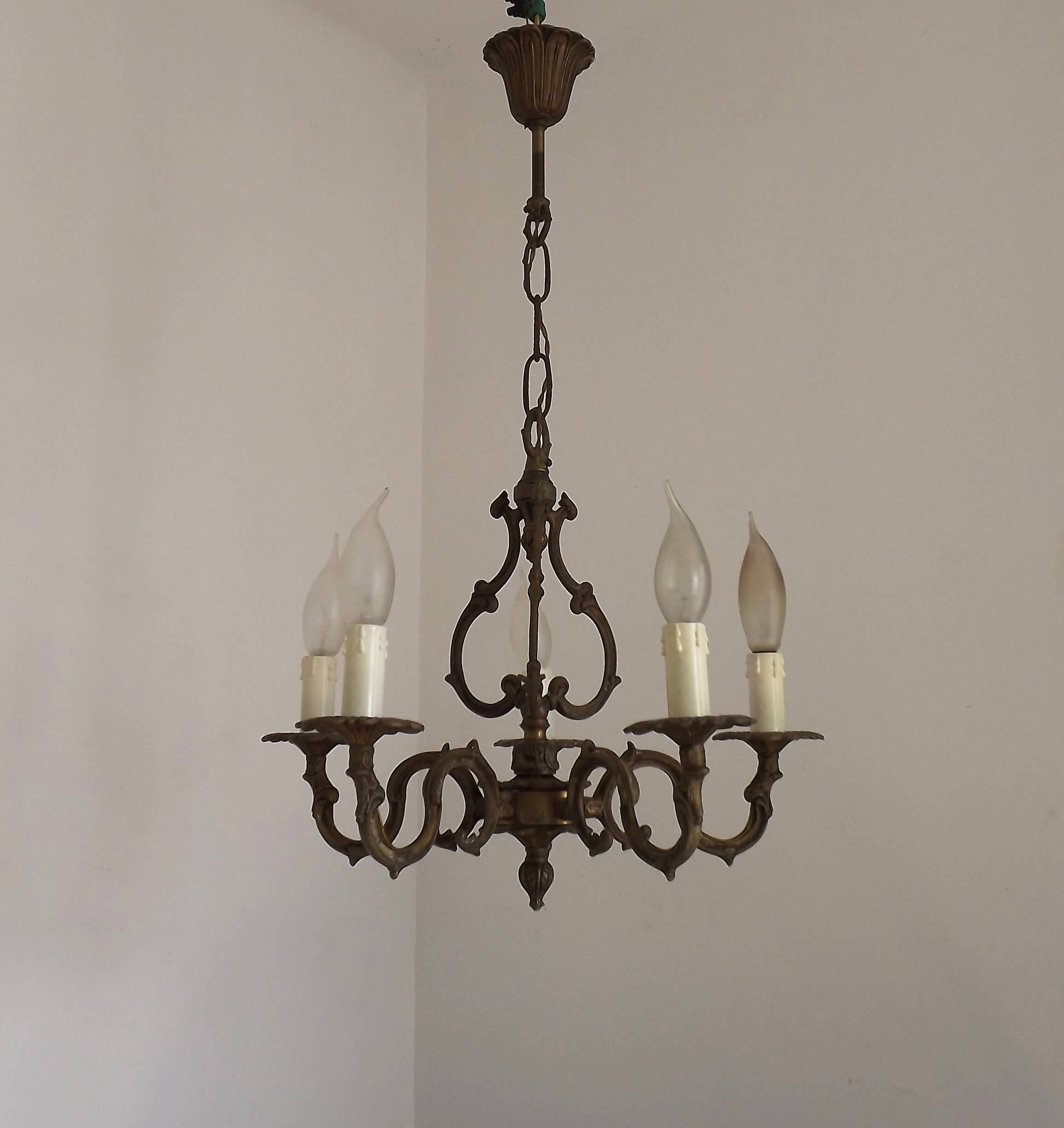 Elegant French Antique Bronze 5 Light 3 Sided Cage Style Chandelier