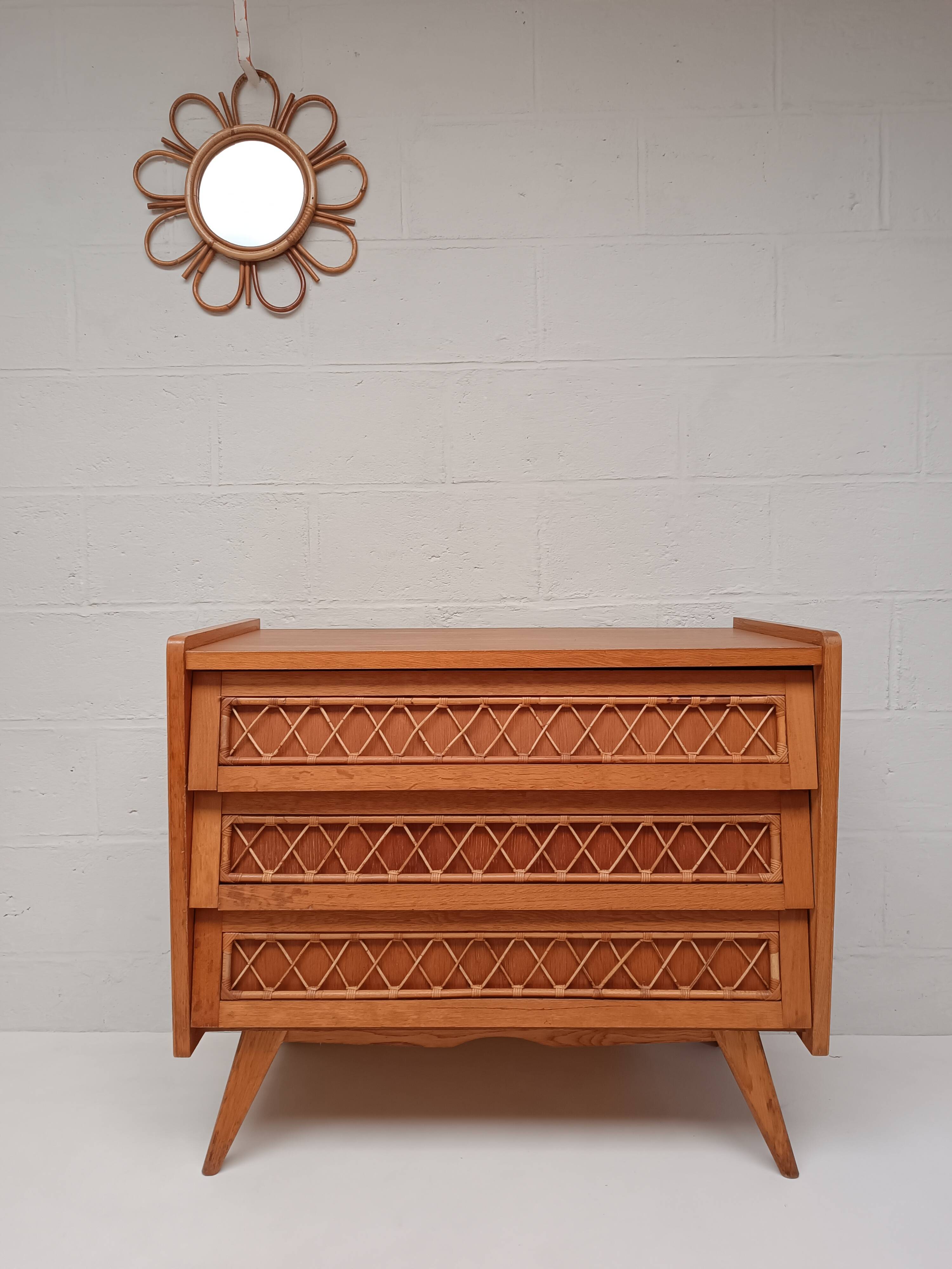 Vintage wood and rattan chest of drawers