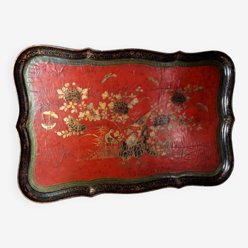 Large lacquered wood tray volatile and floral decoration China XIXth century