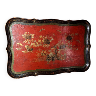 Large lacquered wood tray volatile and floral decoration China XIXth century