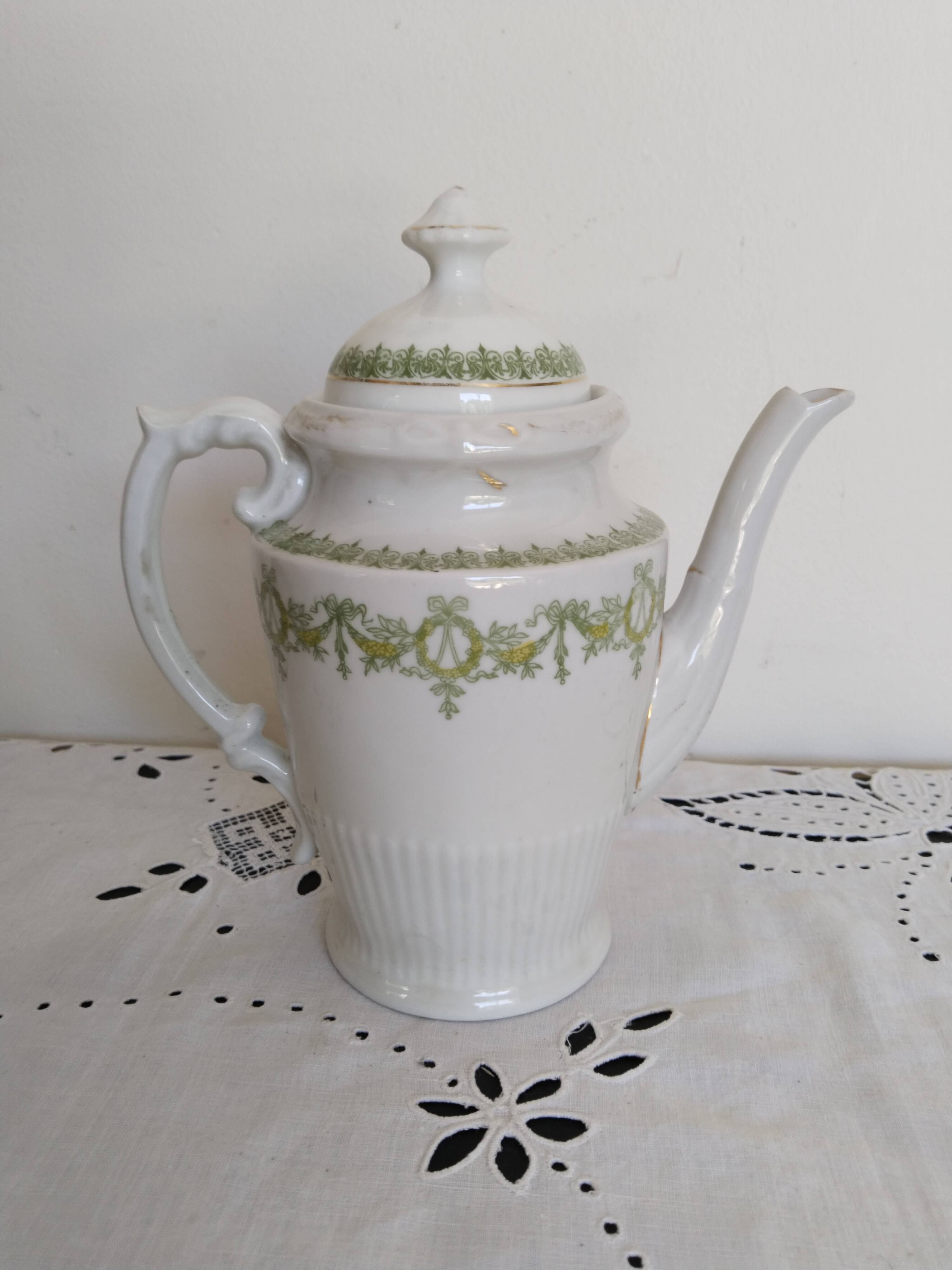 English porcelain coffee maker, green and gold, antique, vintage