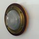 Pair of round glass wall lights, brass base and Wood Wood, 1960s, Italy.