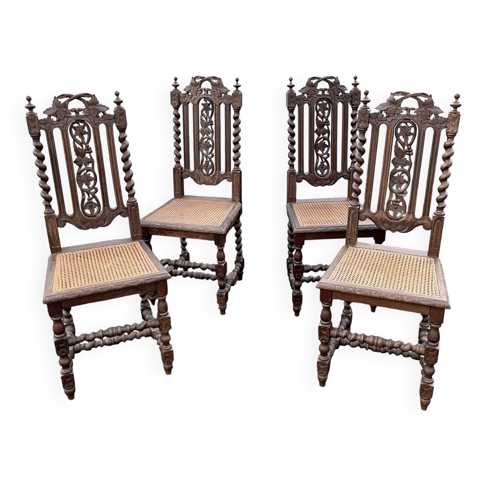 4 Henri II style chairs with twisted columns and cane seats