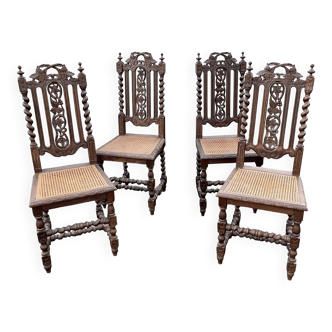 4 Henri II style chairs with twisted columns and cane seats