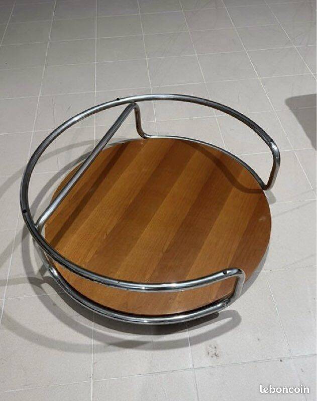 Table basse vintage onyx ivoire chrome et bois
