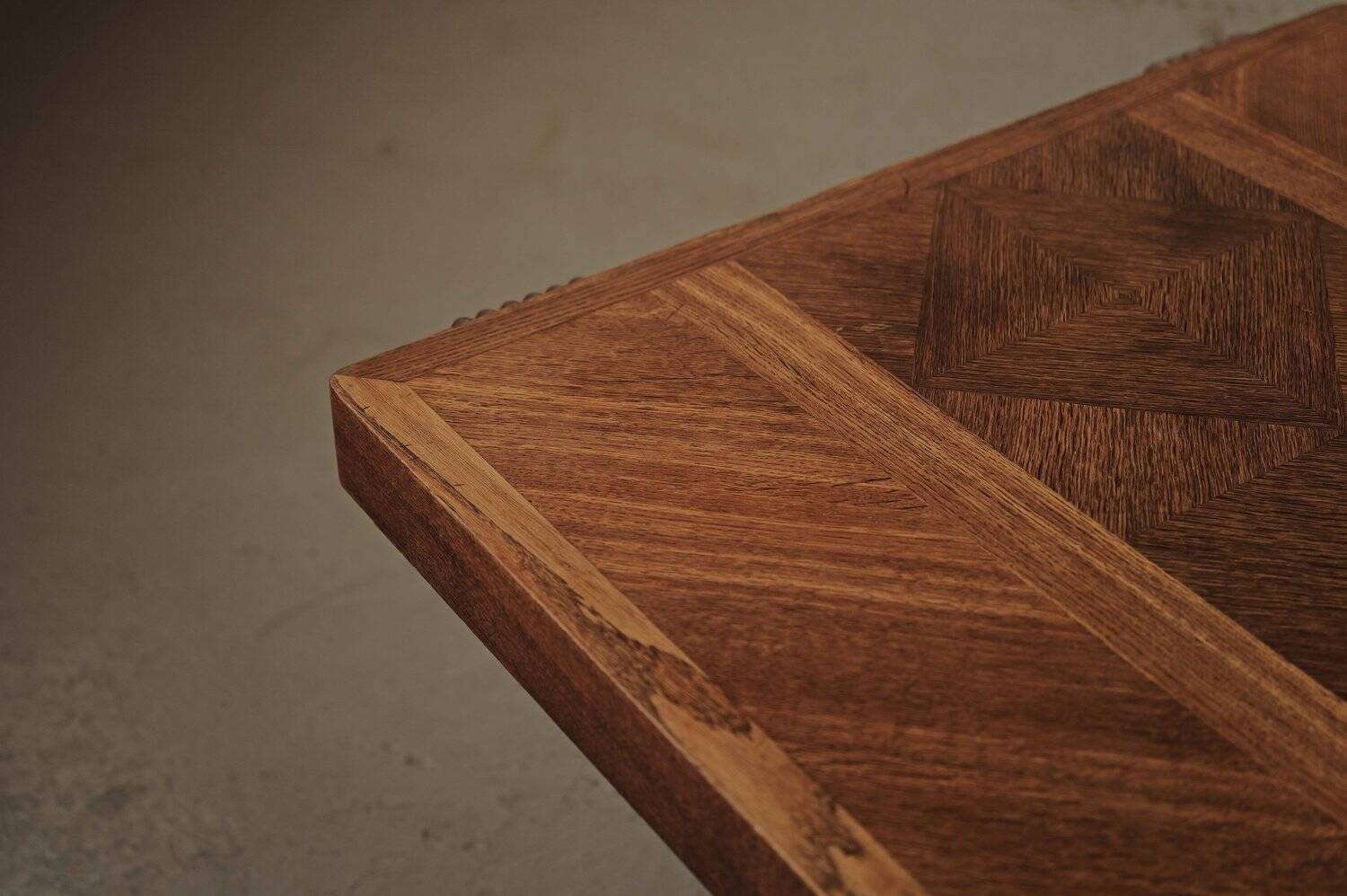 Solid oak table with marquetry, France, circa 1940.