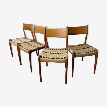 Suite de 4 chaises scandinaves bois et cordes