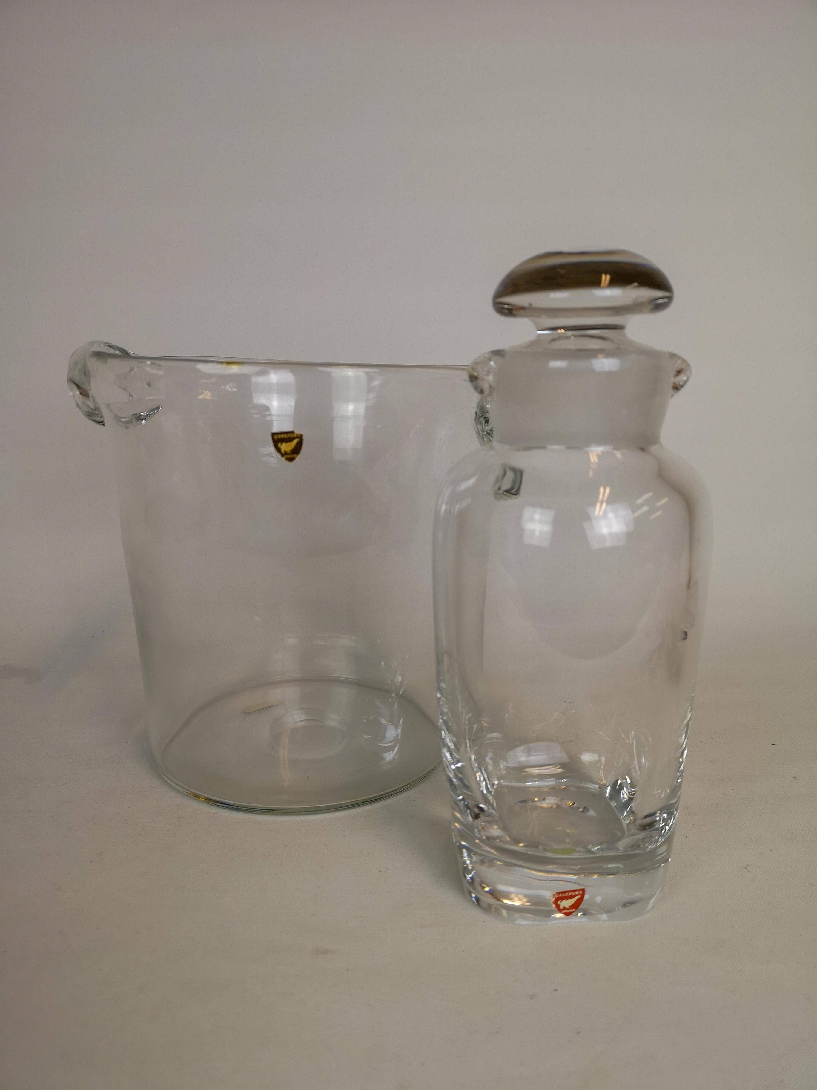 Orrefors ice bucket and shaker set by Nils Landberg, Sweden, 1950s.
