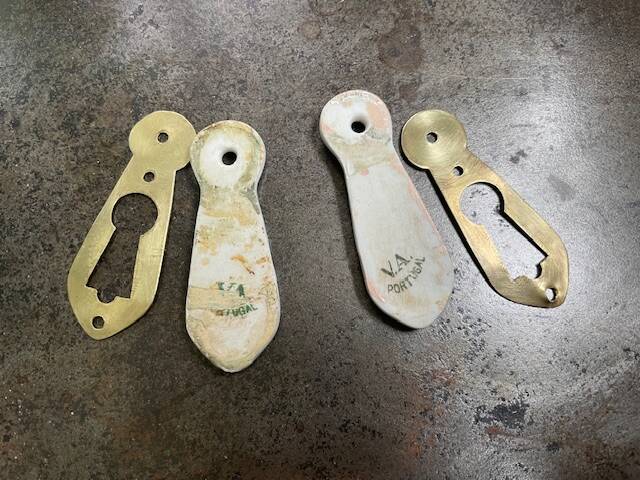 pair of antique brass door lock entries and porcelain cover art d