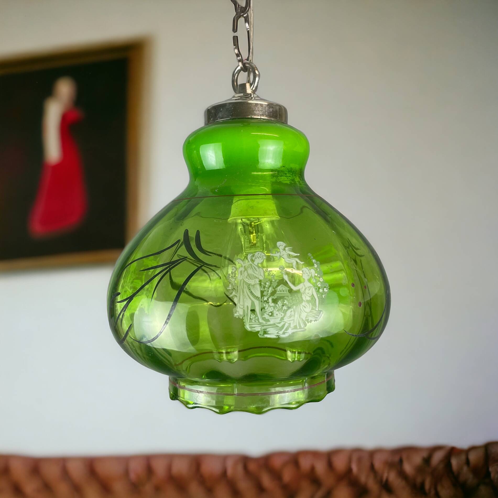 Green glass farmhouse hanging lamp