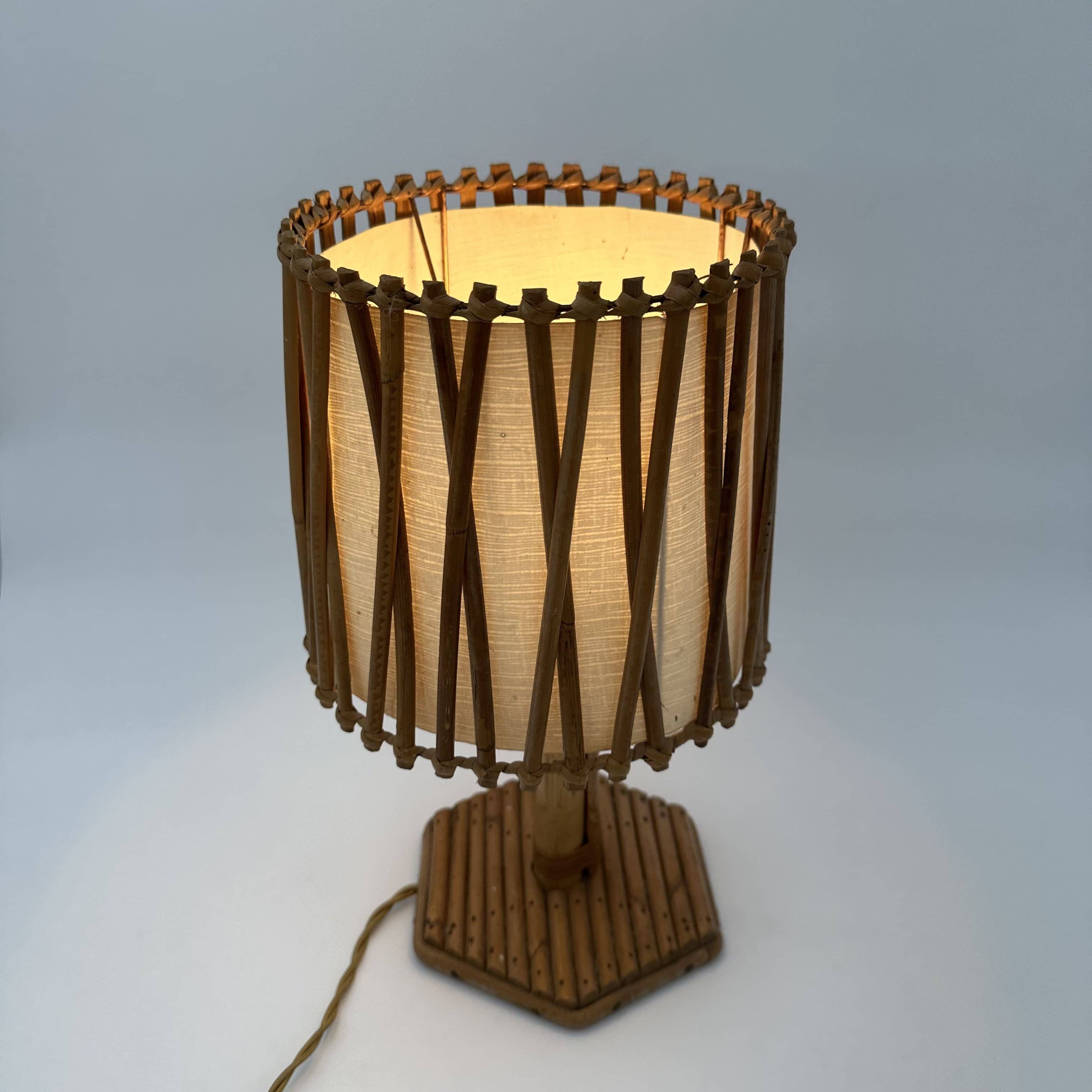 Rattan Table Lamp with Crosshatch Shade, Attributed to Louis Sognot,