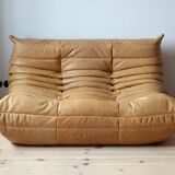 Camel brown leather Togo 2-seater sofa attributed to Michel Ducaroy for Ligne Roset