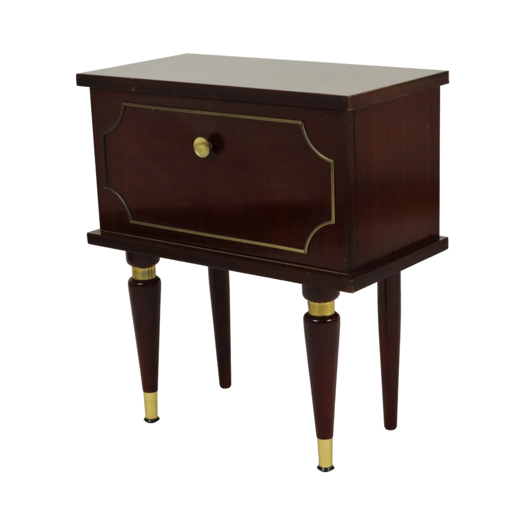 Koppel vintage nachtkastjes mahonie fineer messing regency stijl nachttafels 50cm