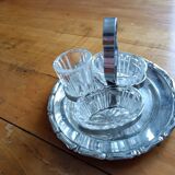 Glass salt and pepper shakers, stainless steel tray
