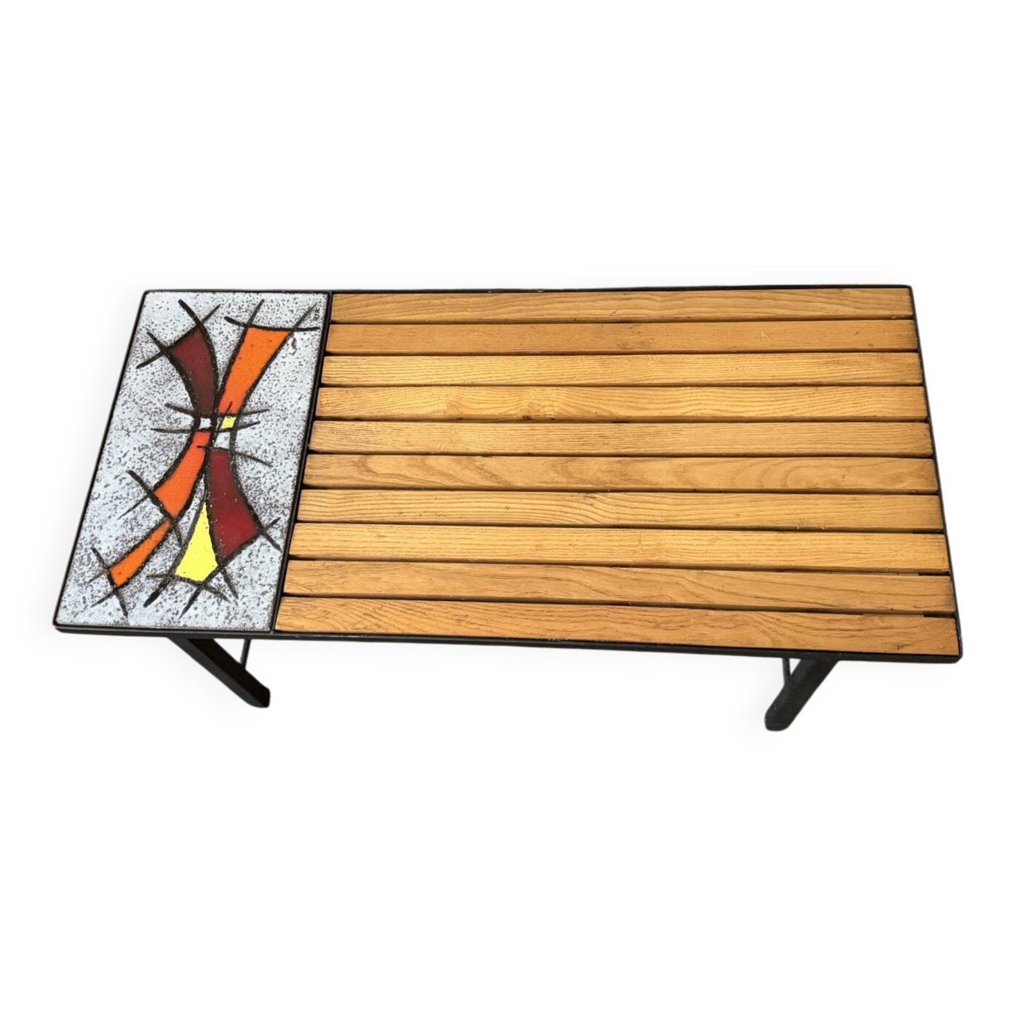 Table basse vintage années 1960 en bois, pierre de lave émaillée et fe