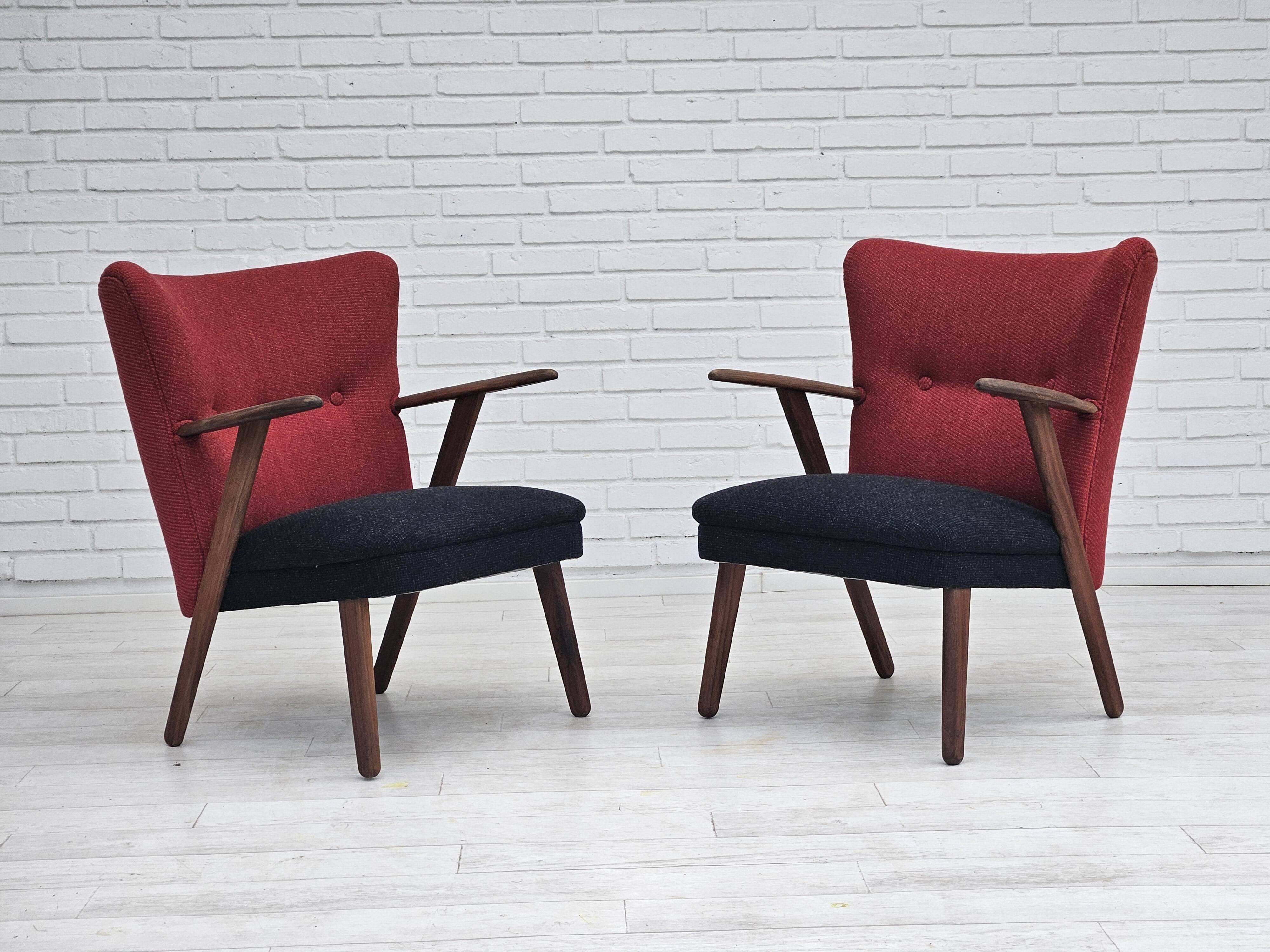 1960s, Danish design by Erhardsen & Andersen, reupholstered armchair, furniture wool, teak wood.