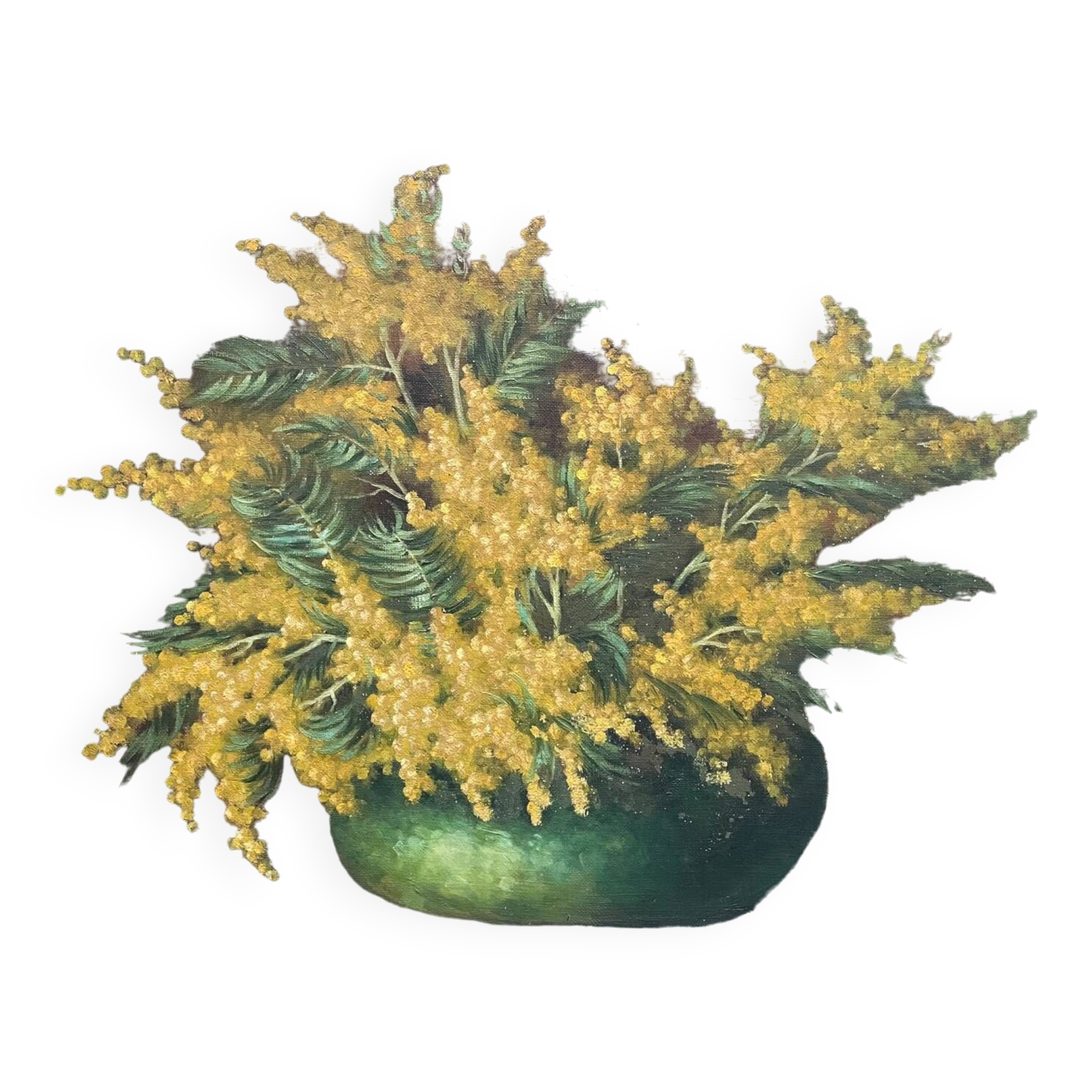 Still life painting with mimosa in the spirit of Kisling