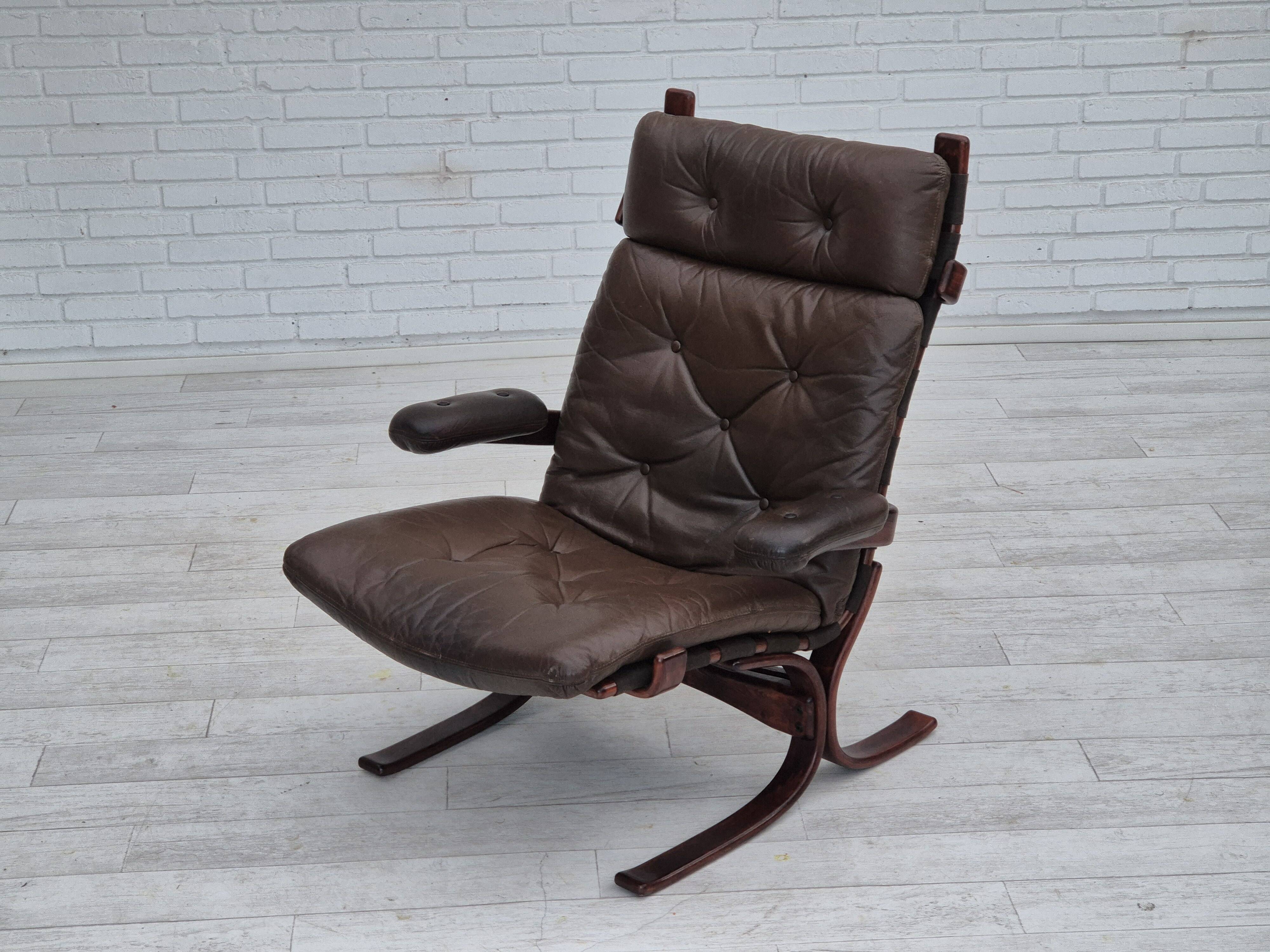 1970s, Scandinavian armchair, original condition, furniture leather, bent wood, canvas.