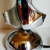 Modernist lamp chromed metal 70s, beige canvas lampshade