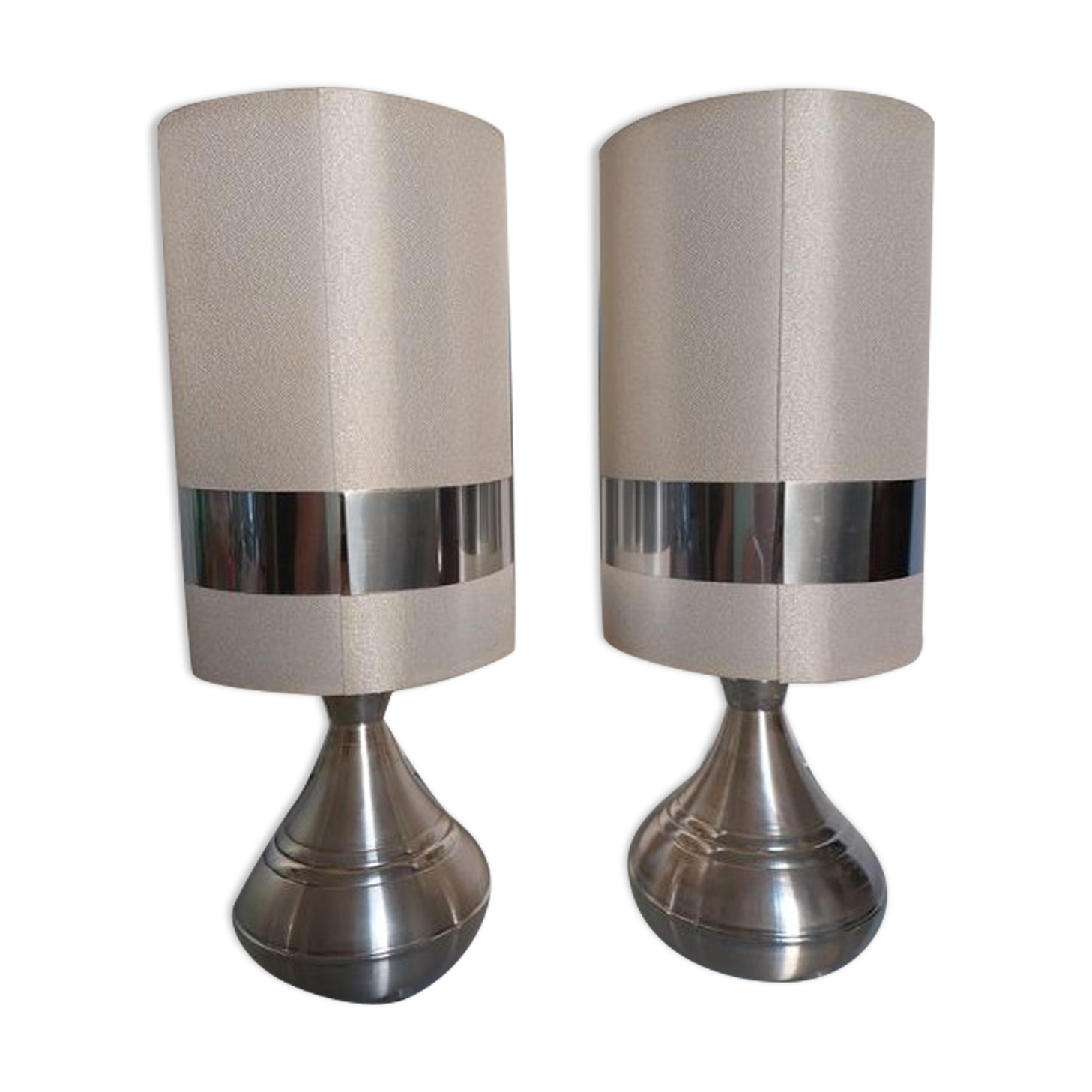 Pair of space-age lamps in aluminum and fabric from the 1970s - 1980s