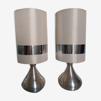 Pair of space-age lamps in aluminum and fabric from the 1970s - 1980s