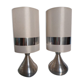 Pair of space-age lamps in aluminum and fabric from the 1970s - 1980s