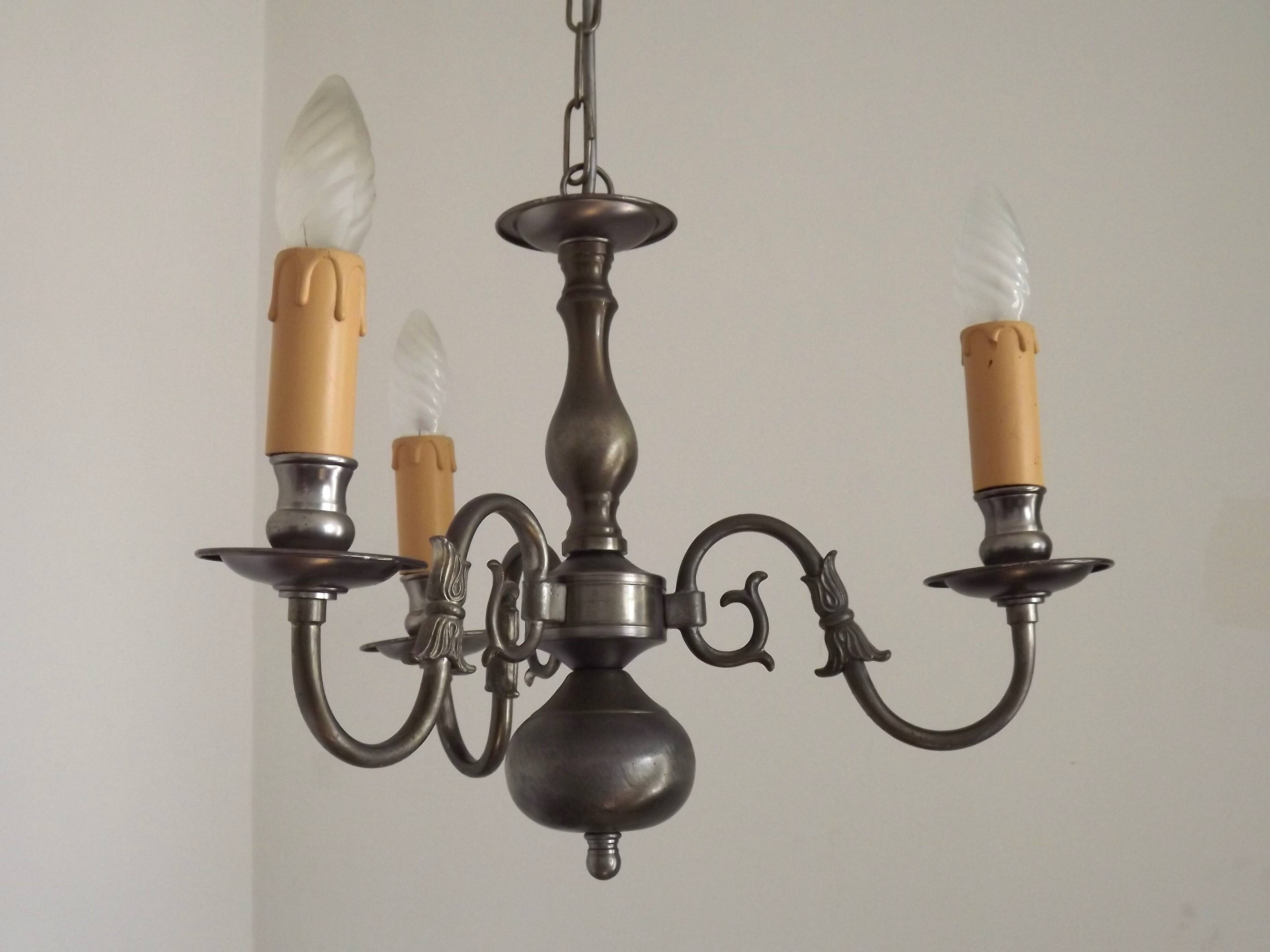 Italian Vintage Silver Brushed Metal 3 Light Flemish Style Chandelier
