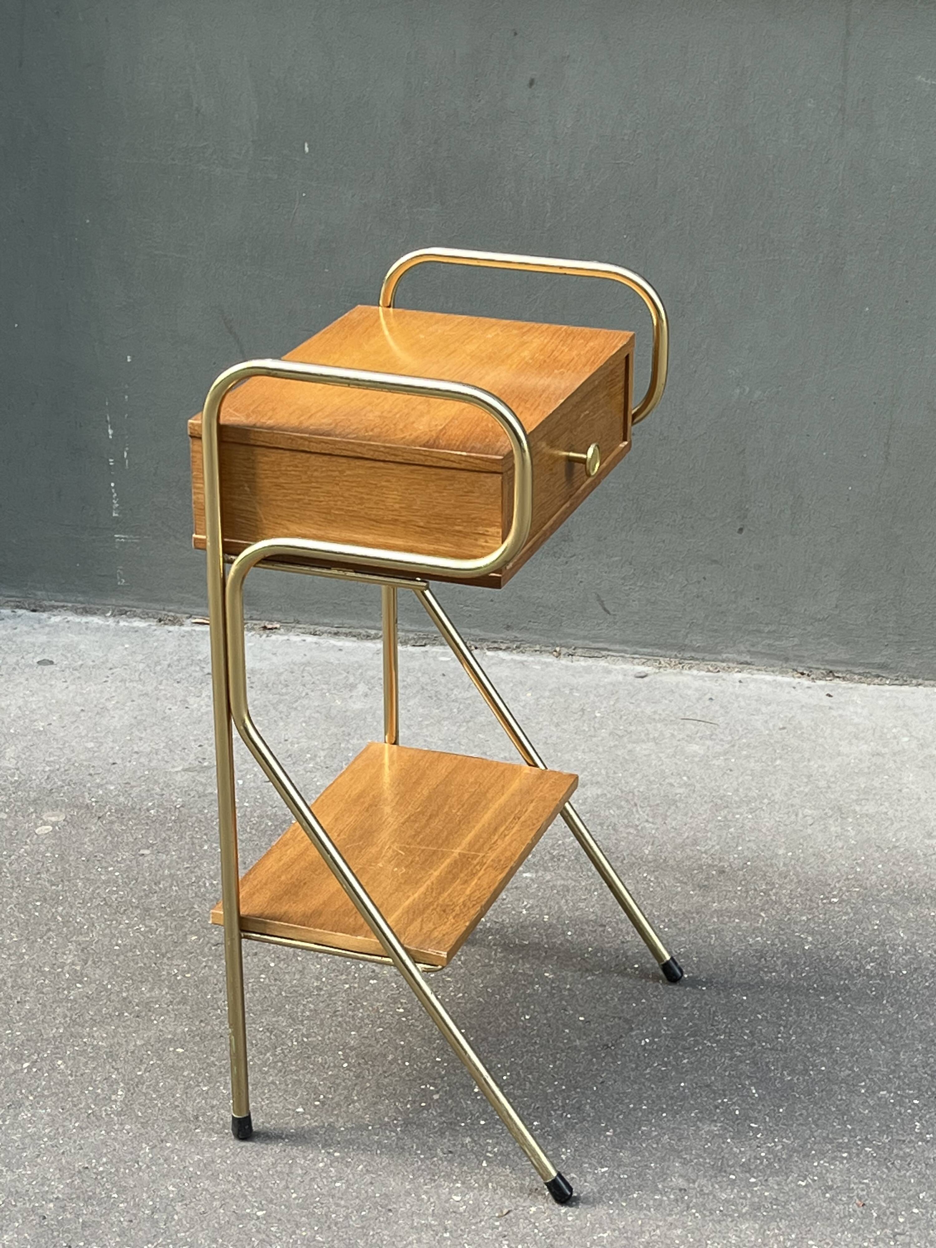 60s wooden and gold metal bedside table