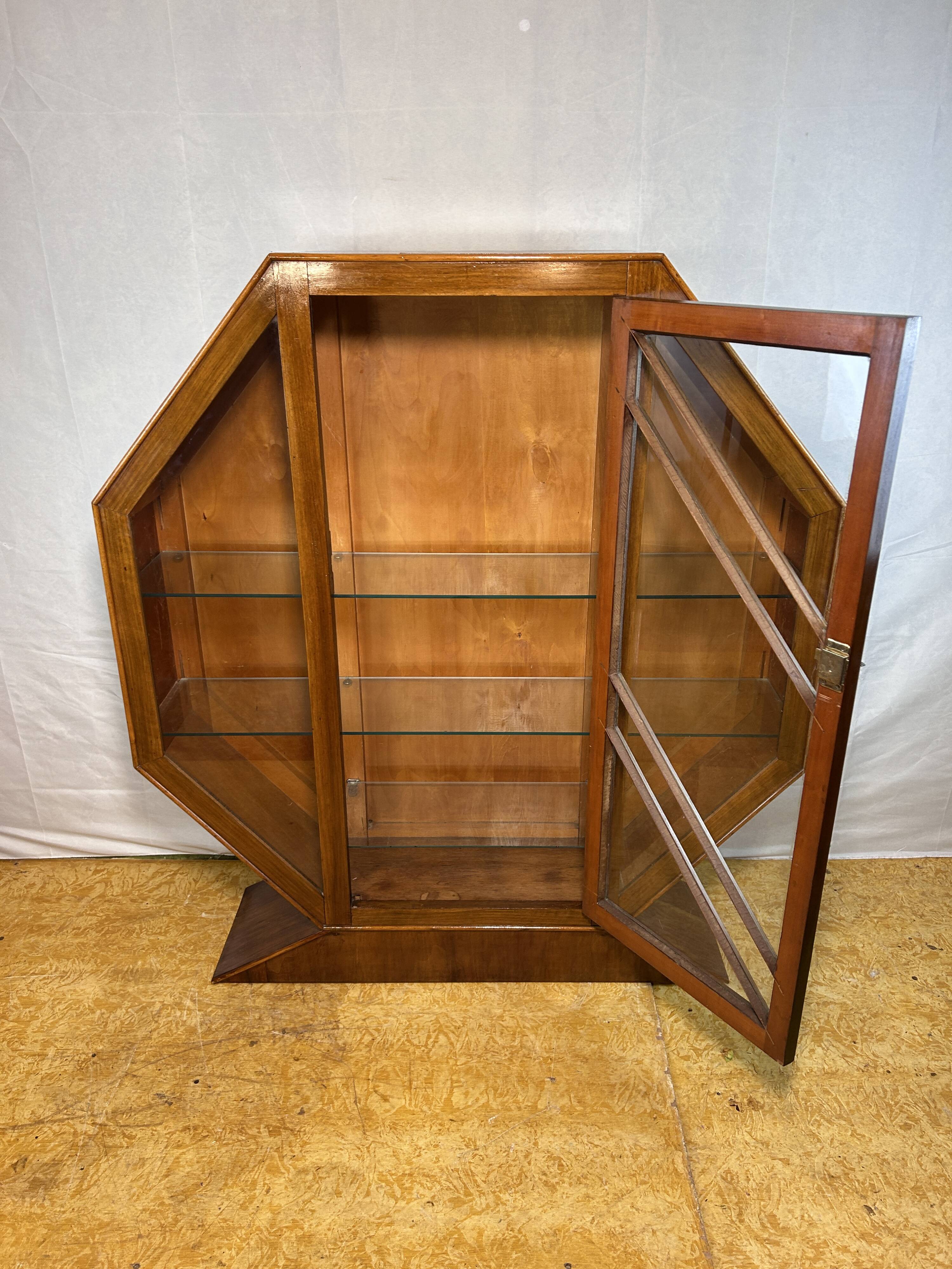 Art Deco Vintage Brocante Walnut Hexagonal Display Cabinet – 1920–1930