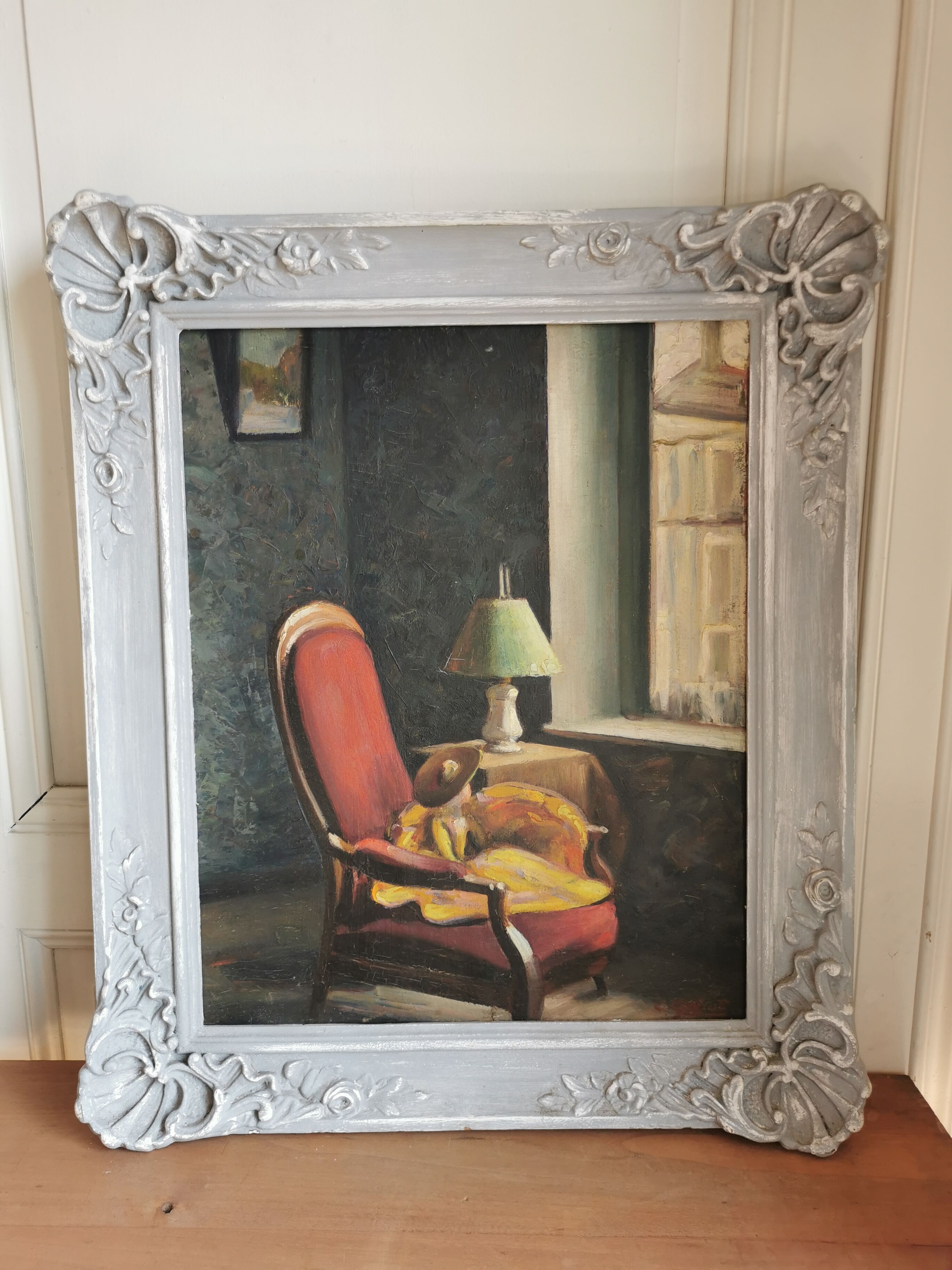 Painting interior scene, oil on plywood, early twentieth.