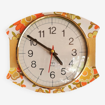 Horloge vintage pendule murale silencieuse années 70 "Japy électrique fleurs"