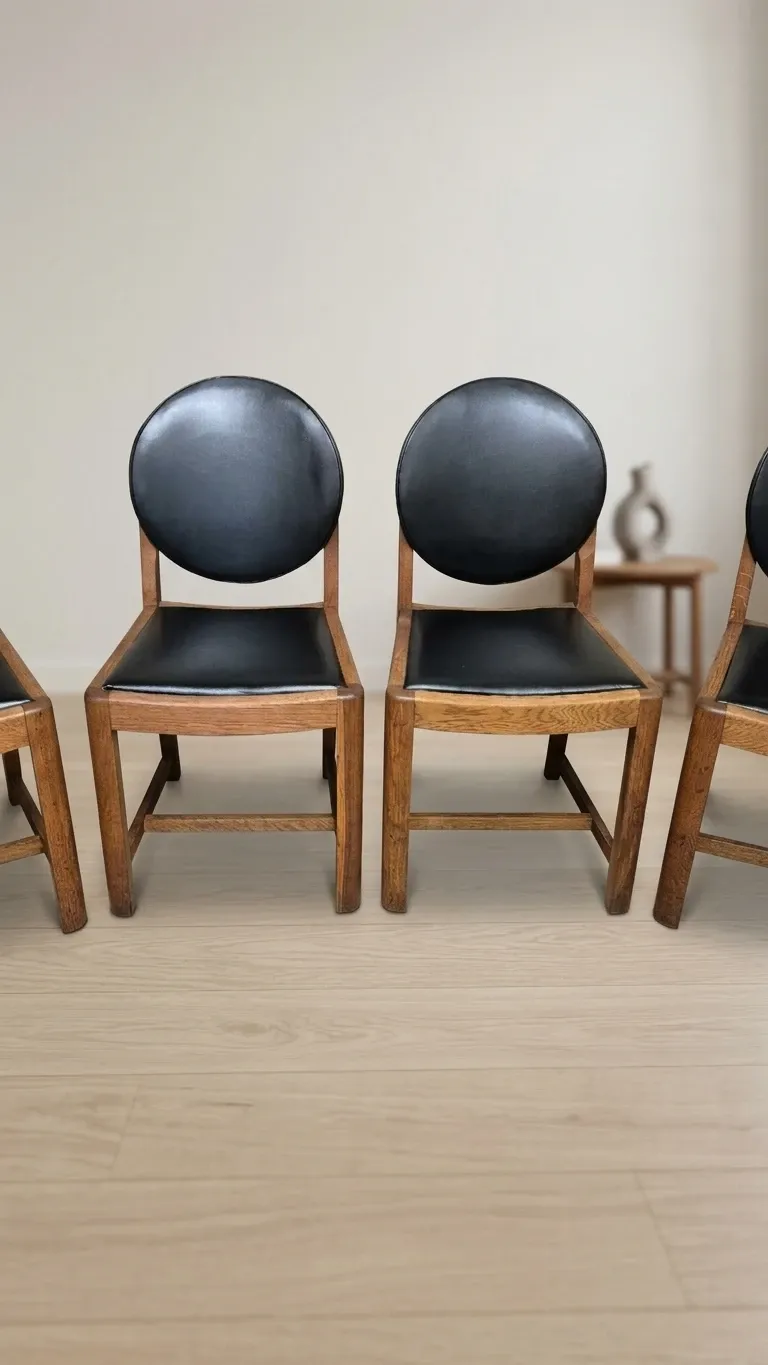 Set of four vintage wooden dining chairs with black leather upholstery, 85 × 45 × 45 cm