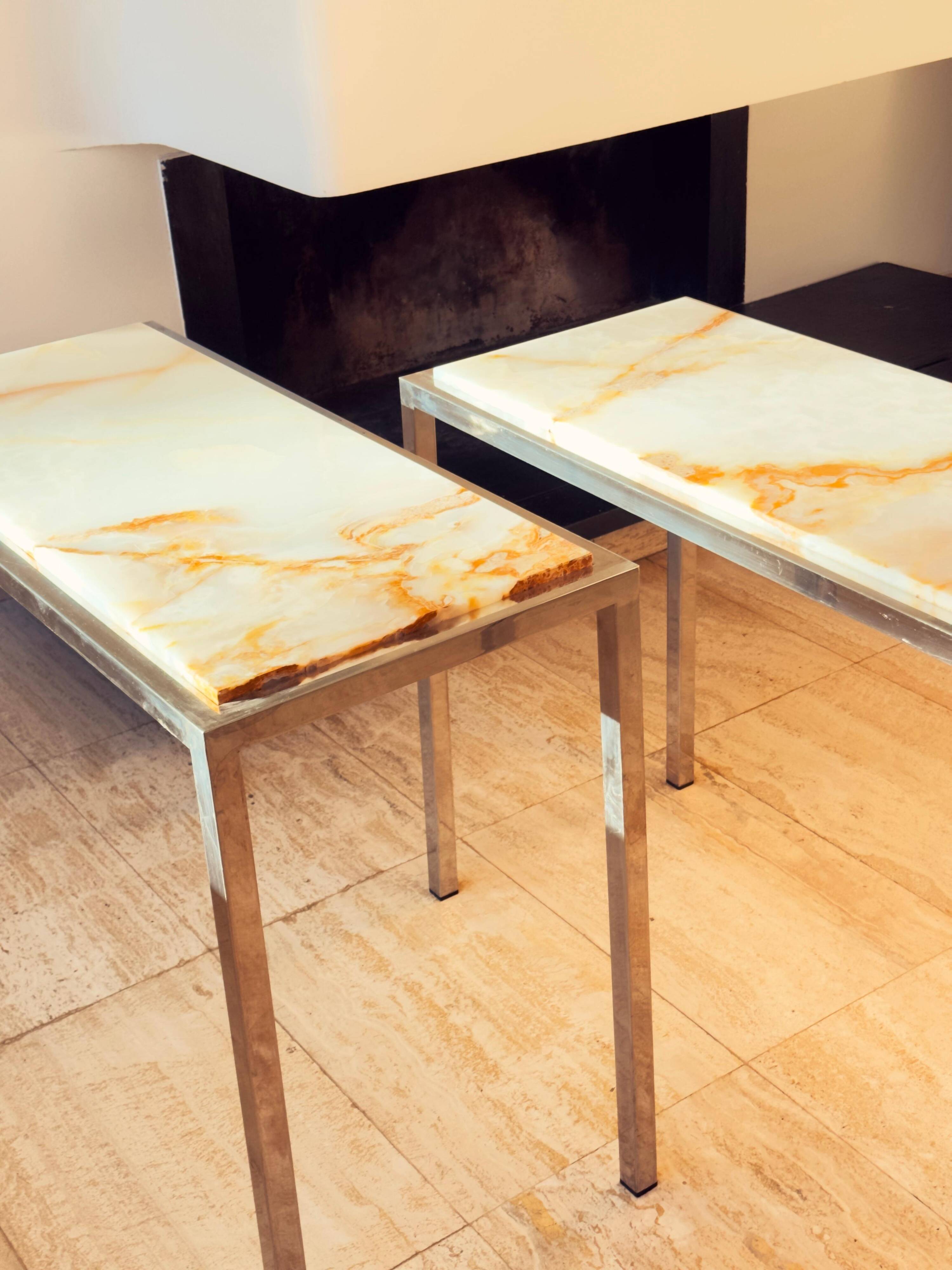 Pair of Italian Console Tables in Marble and Chrome, 1970s