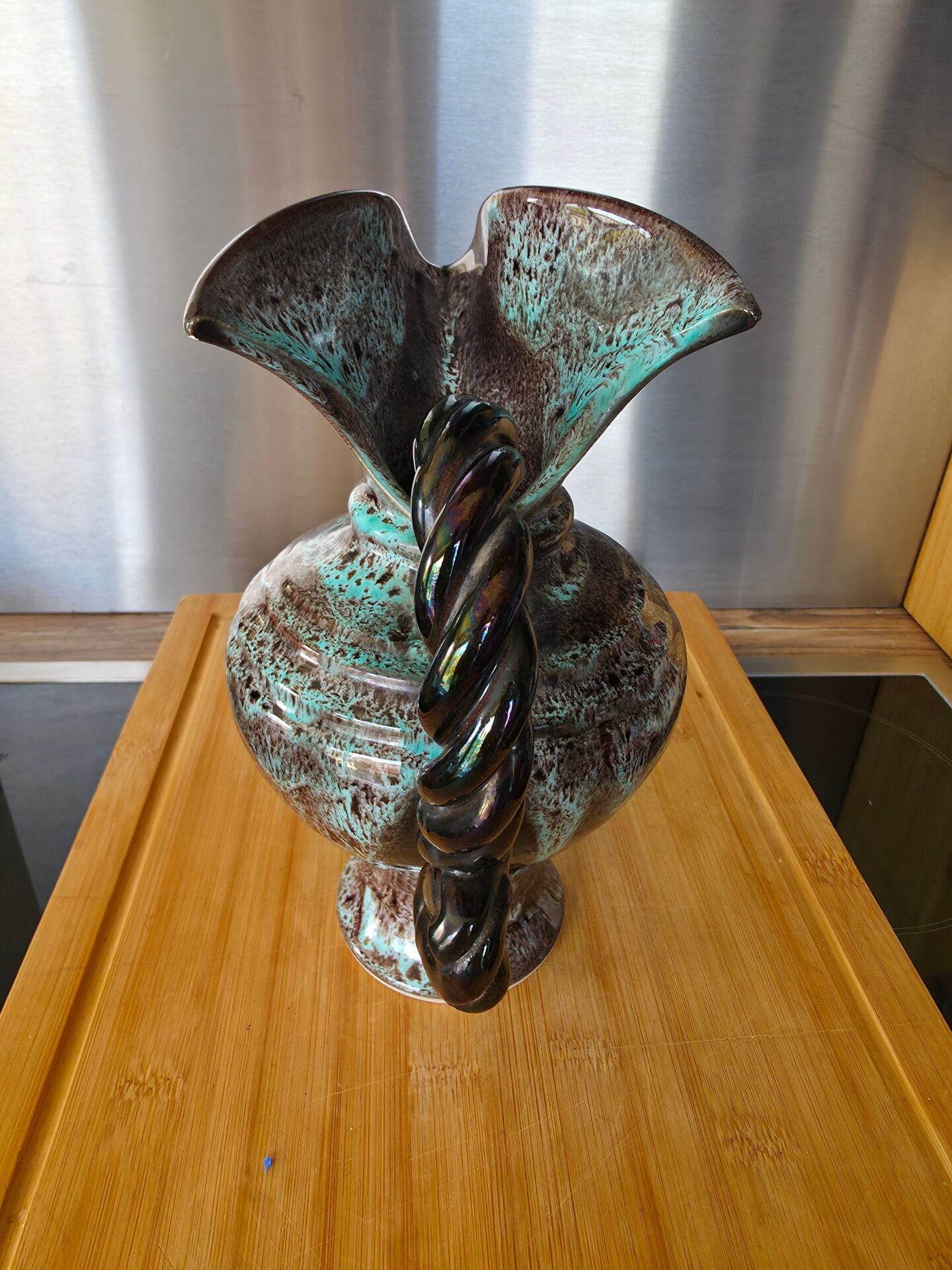 Turquoise and brown speckled pitcher from Vallauris, 1950s.