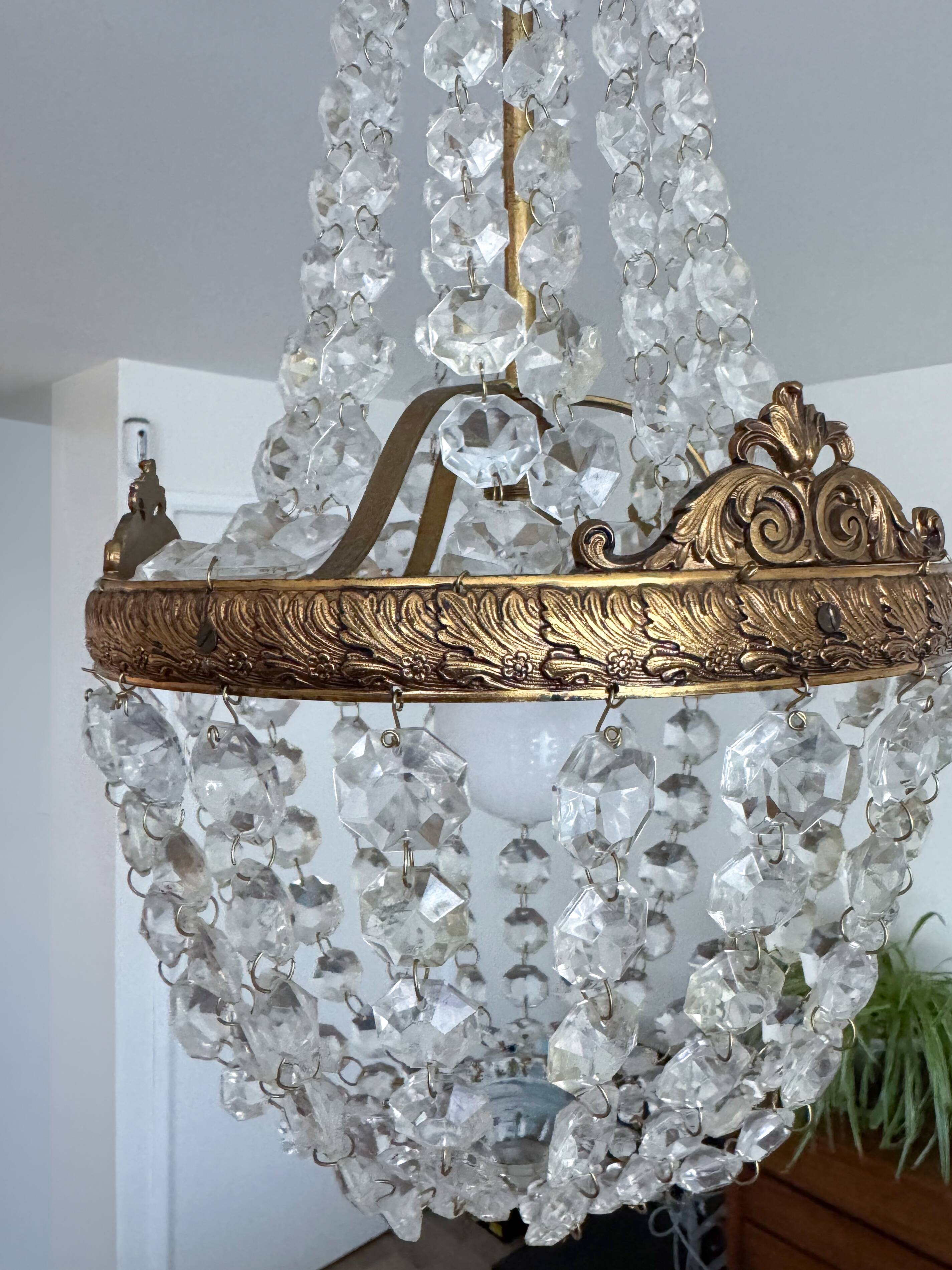 Antique brass and cut glass balloon chandelier