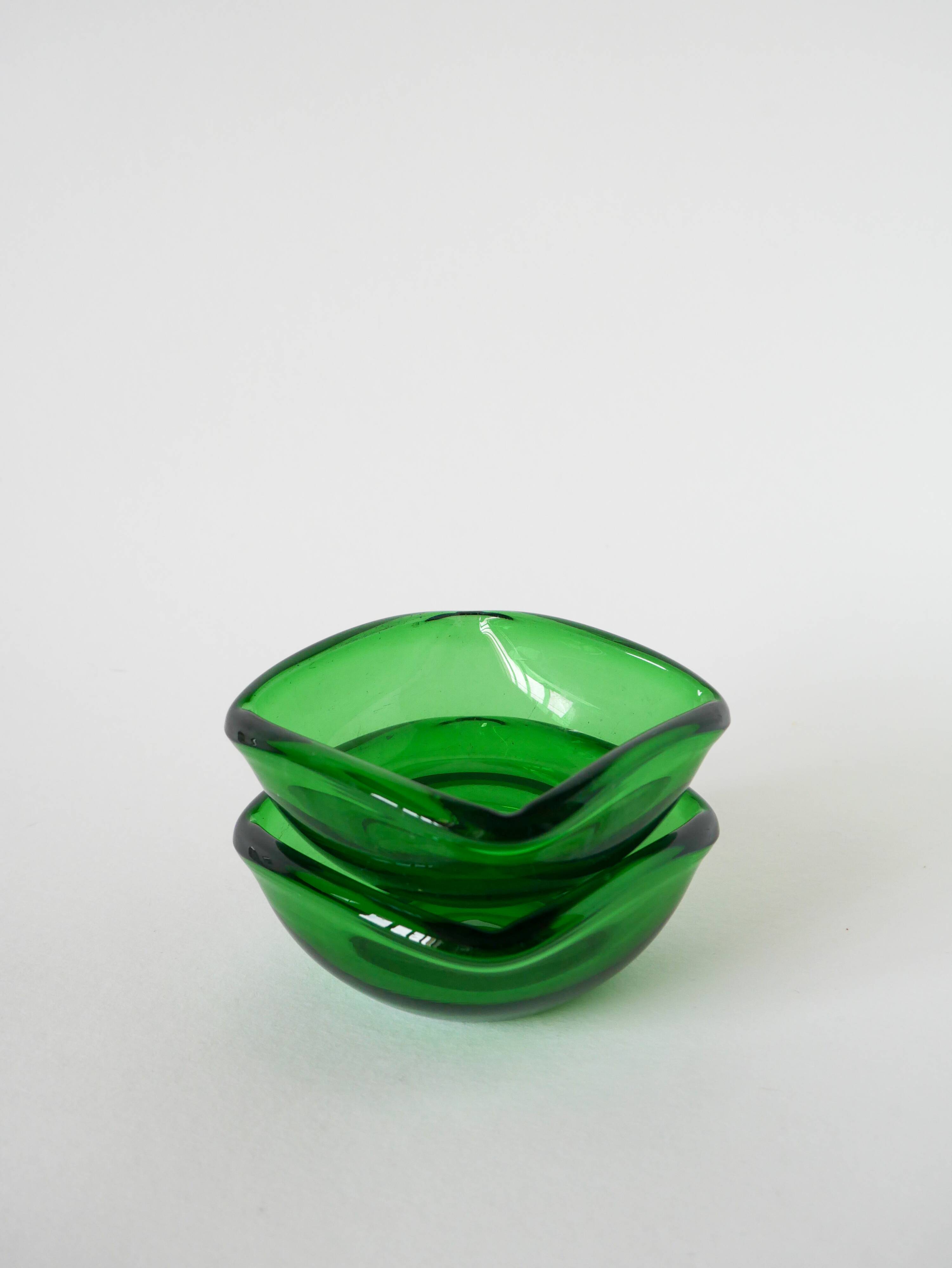 Pair of green colored glass storage compartments, in the Murano style, 1970