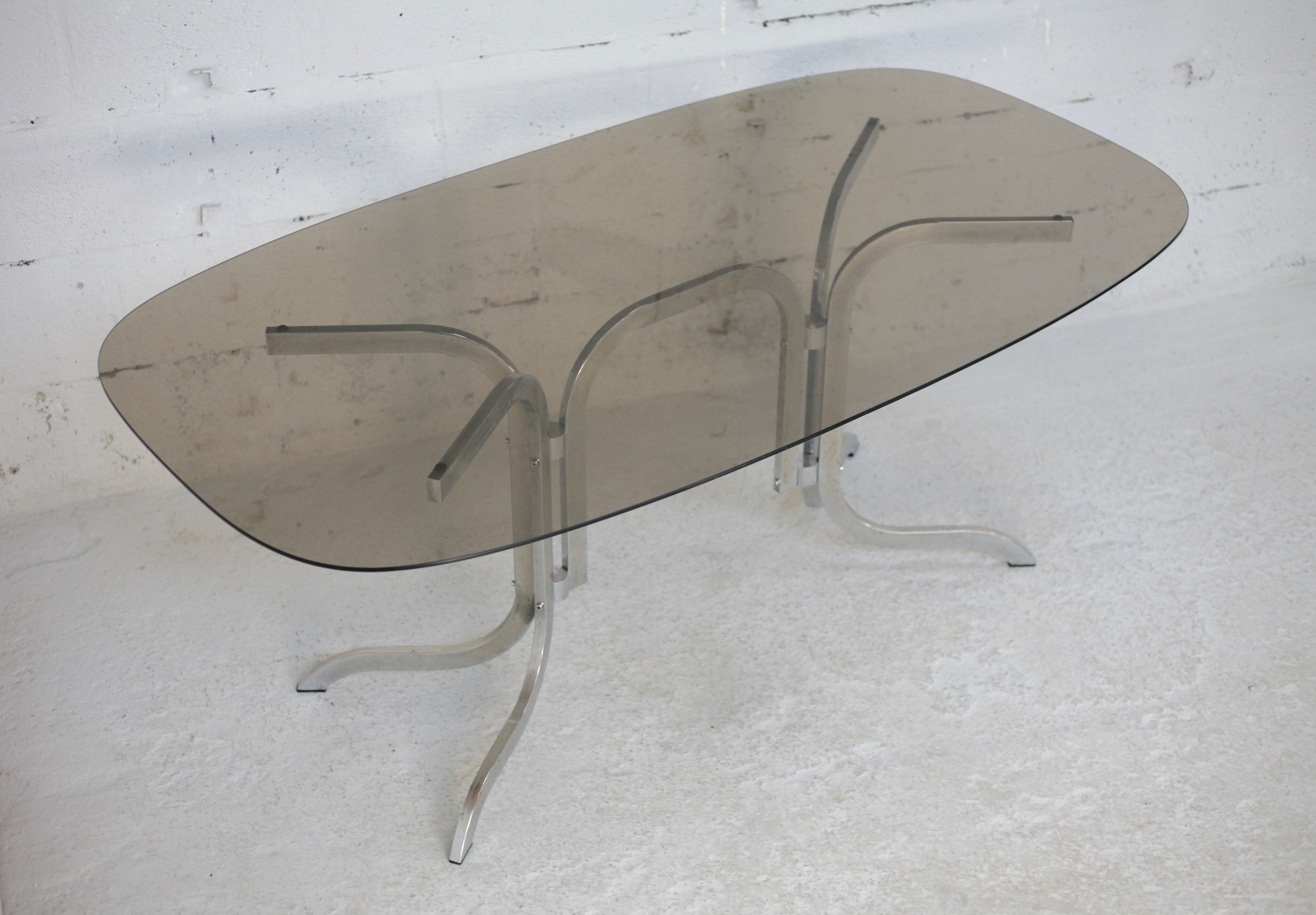 Table chrome steel smoked glass slab. France, circa 1970