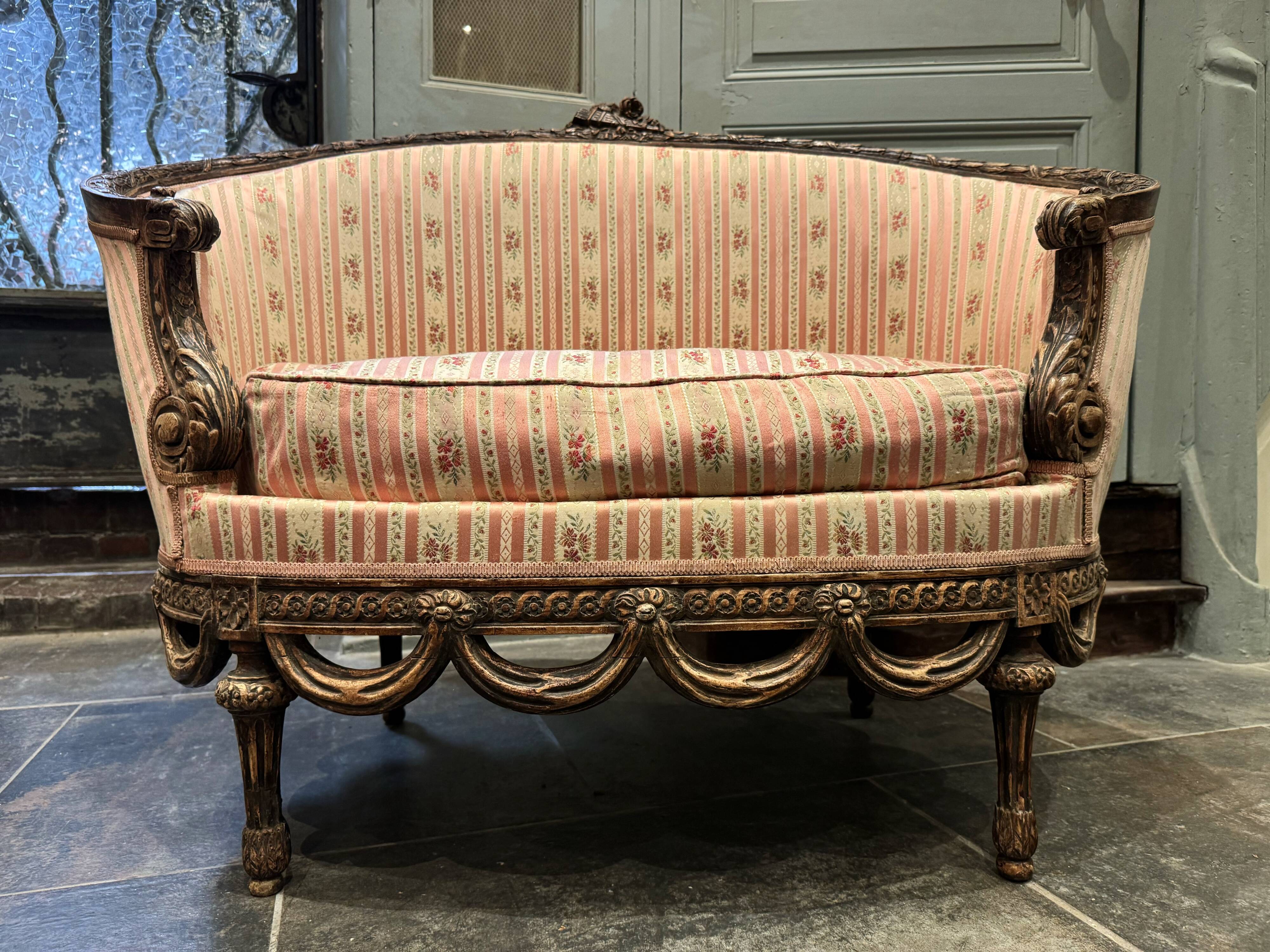 Small Sofa / Marquise From the Napoleon III Period in Waxed Wood in Louis XVI Style