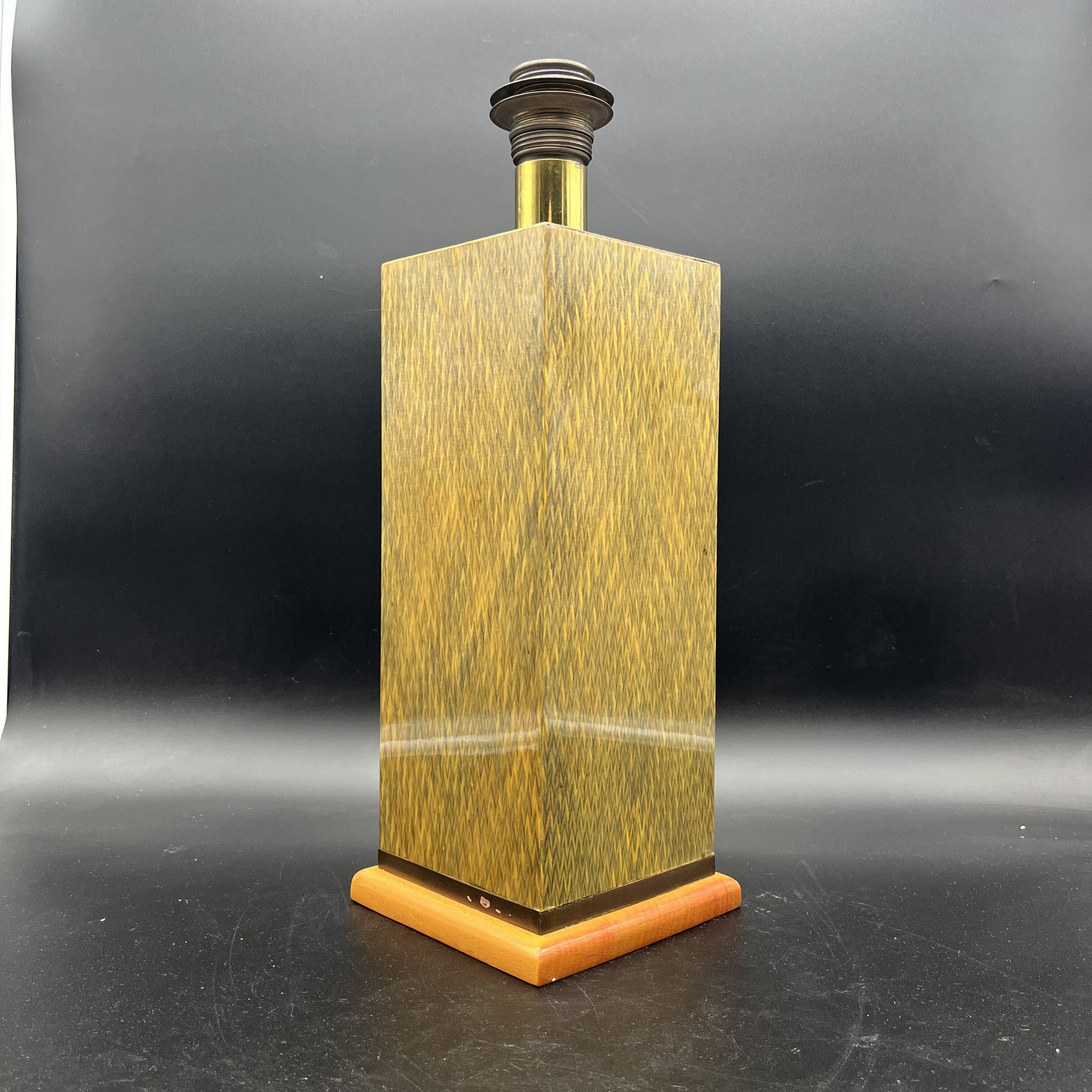 Lamp base in varnished marquetry and gilded brass Jean Claude Mahey