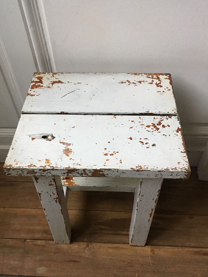 Stools, patinated wooden bedside tables