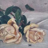 Antique original flower oil painting, yellow roses still life art