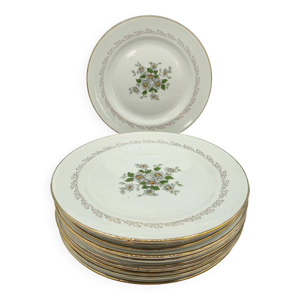 Service de 12 assiettes plates vintage L'Amandinois Décor Floral et Dorure