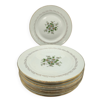 Service of 12 vintage flat plates L'Amandinois Floral Decoration and Gilding